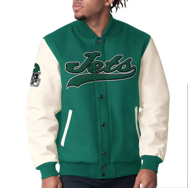 New York Jets Complete Game varsity jacket front view

