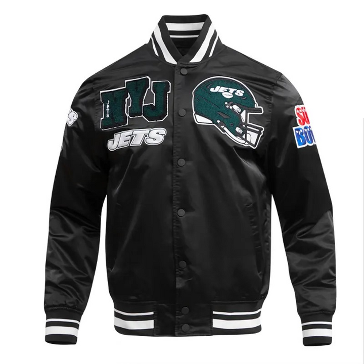 New York Jets mashup satin jacket black front view

