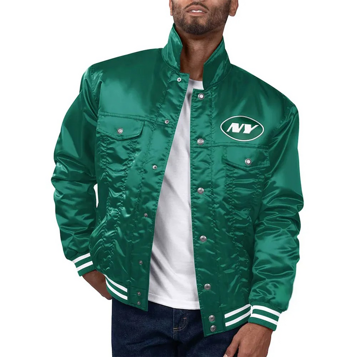 New York Jets silver tab green trucker jacket front view

