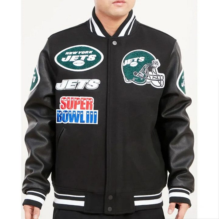Black New York Jets varsity jacket with leather sleeves

