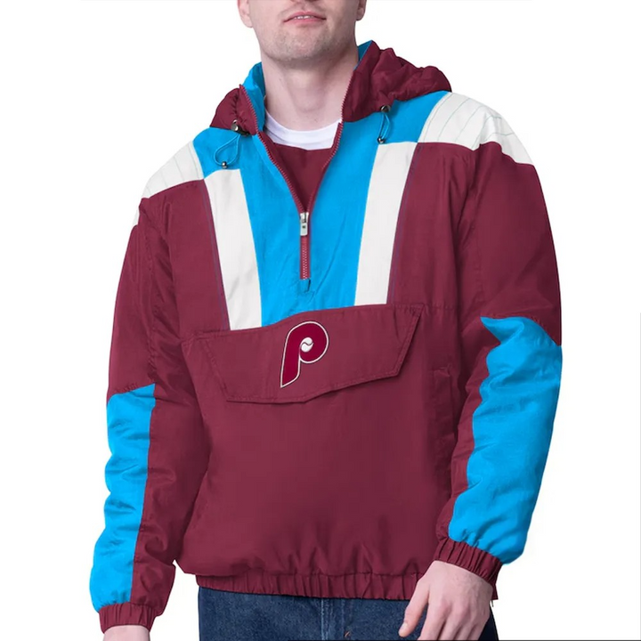 Maroon and blue jacket with a logo on a white background in United State Market