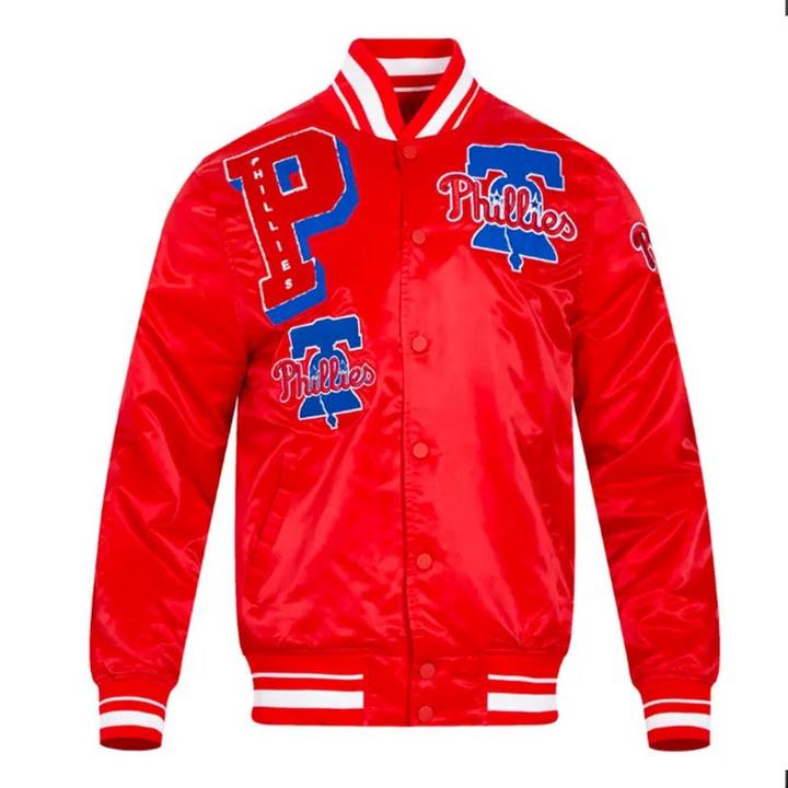 Red varsity jacket with blue and white logos on a white background in USA