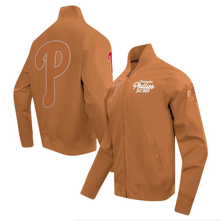 Brown jacket with a logo on the back and text on the sleeve, on a white background in USA