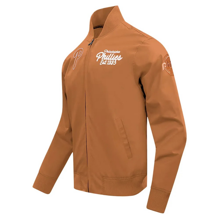 Brown jacket with branding on a white background in American Style