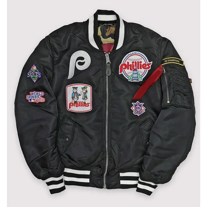 Black jacket with various patches on a white background in USA