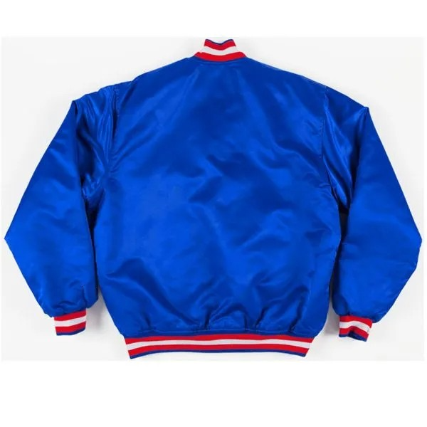 Blue jacket with red and white trim on a white background