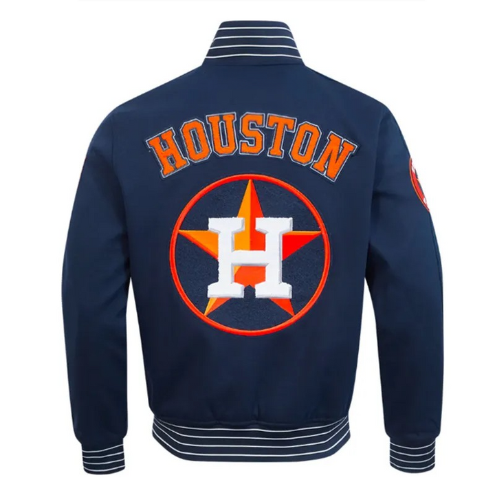 Navy blue jacket with 'Houston' and star logo on the back, on a white background in USA