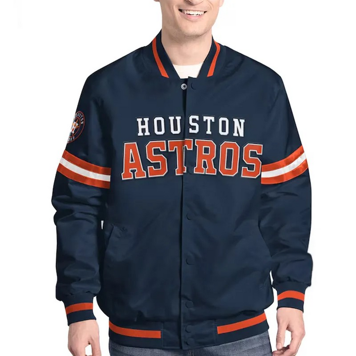 Navy blue jacket with 'Houston Astros' text on a white background in German Market