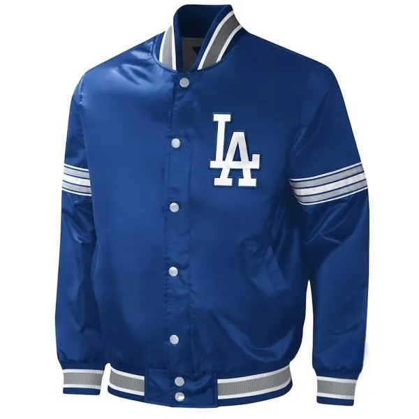 Snap-button closure and ribbed stand collar on Dodgers jacket

