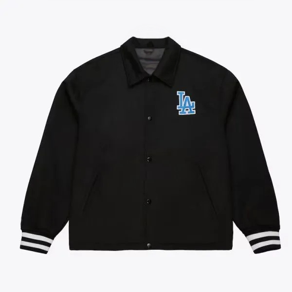 LA Dodgers black varsity wool jacket front view

