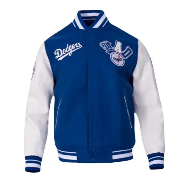 LA Dodgers varsity jacket front view with zip and snap plackets

