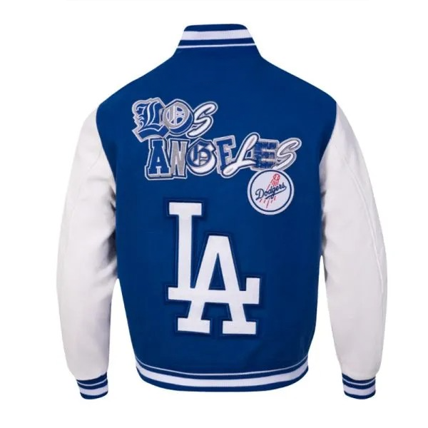 Leather sleeves on Dodgers varsity jacket close-up


