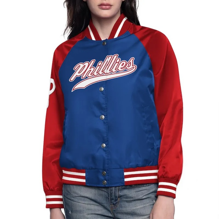 Philadelphia Phillies royal red varsity satin jacket front view in USA