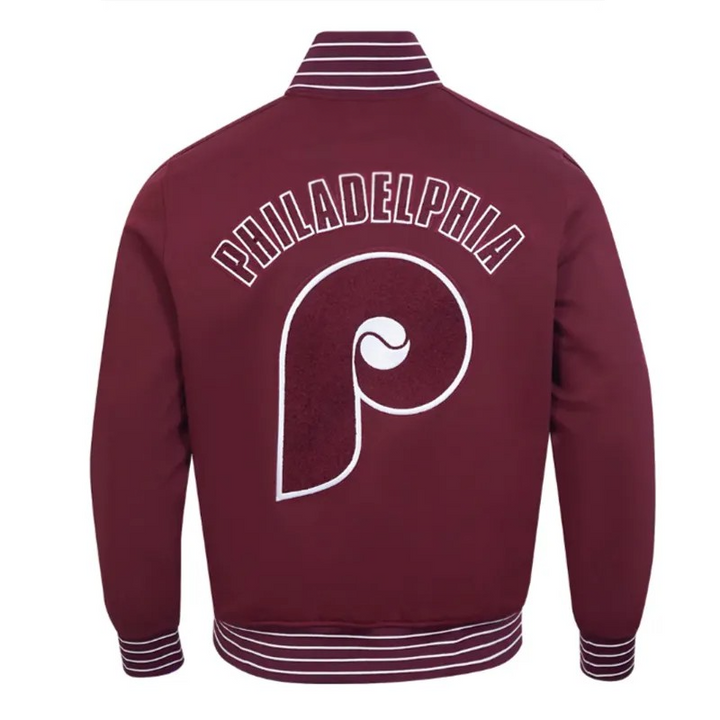 Unisex Phillies varsity jacket in wine color in American Style
