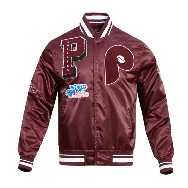 Philadelphia Phillies Retro Mashup wine satin jacket front and back in USA