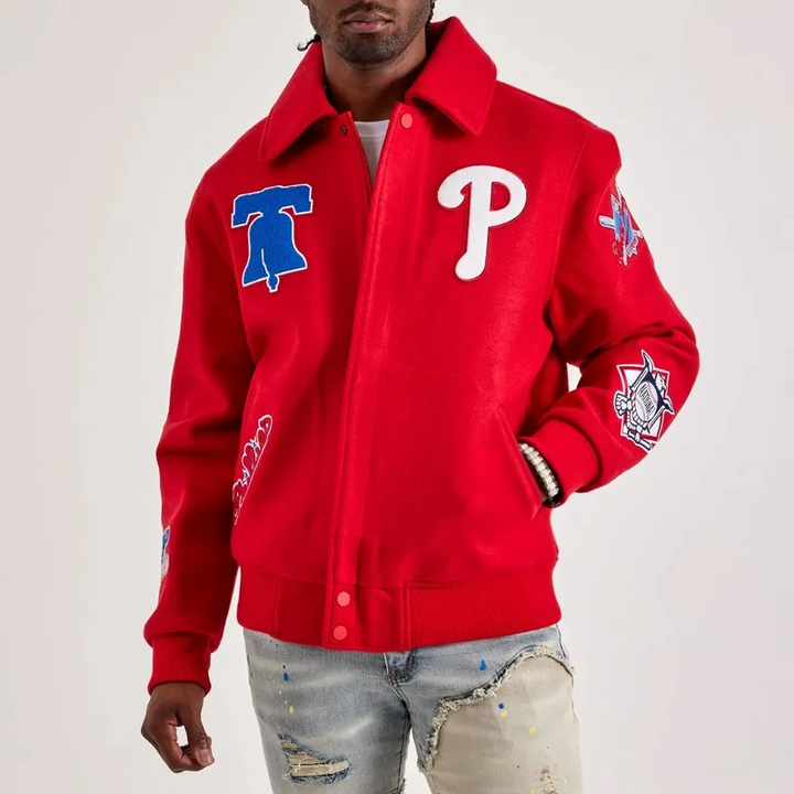 Philadelphia Phillies red varsity wool jacket front and back in USA
