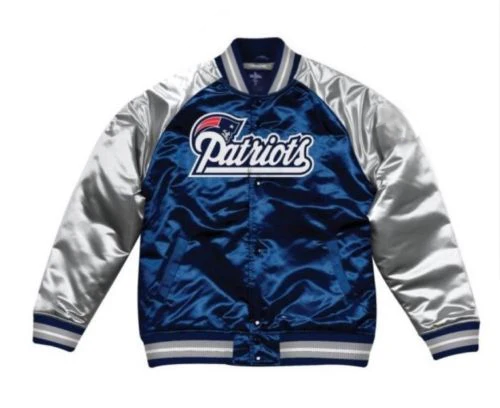 Shop New England Patriots Navy Blue Satin Varsity Jacket