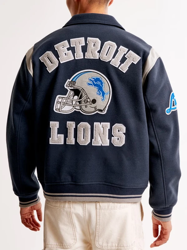 Detroit Lions wool varsity jacket by TJS with embroidered team logo in USA