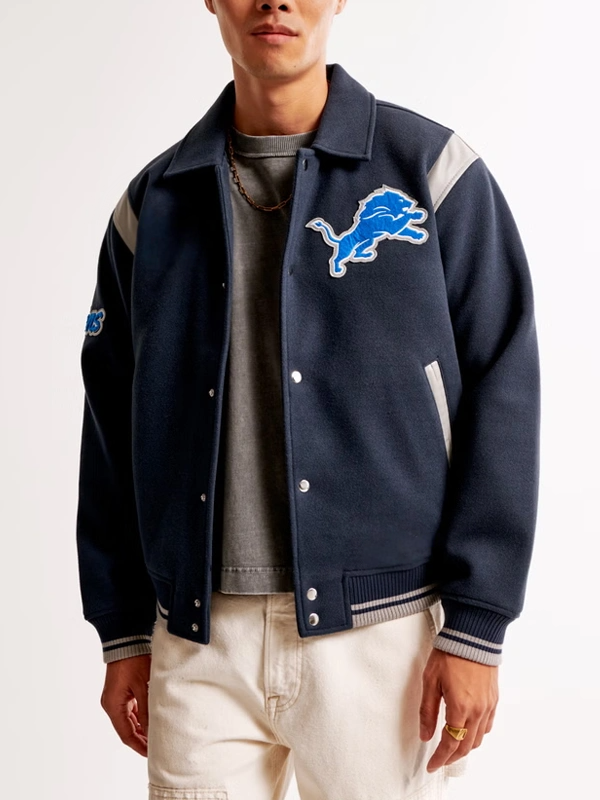 NFL Detroit Lions classic wool varsity jacket by TJS front view in USA