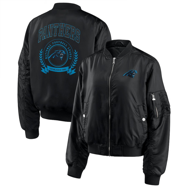 Carolina Panthers full zip bomber jacket front view

