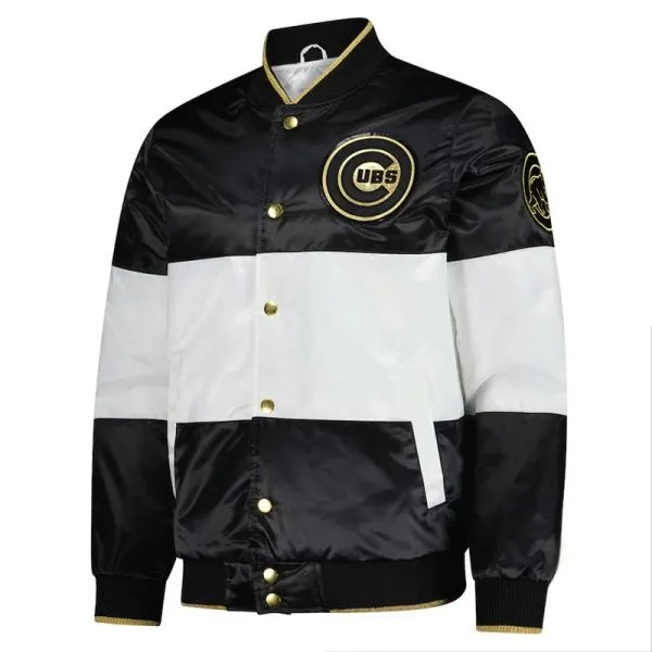 Cubs embroidered logo varsity jacket front view

