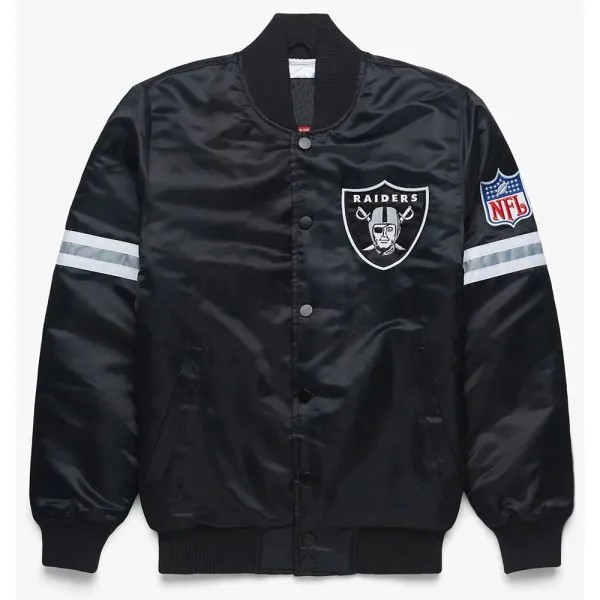 Black satin Raiders jacket with stripes in USA