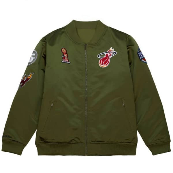 Front view NBA Miami Heat Olive Heavyweight Satin Jacket