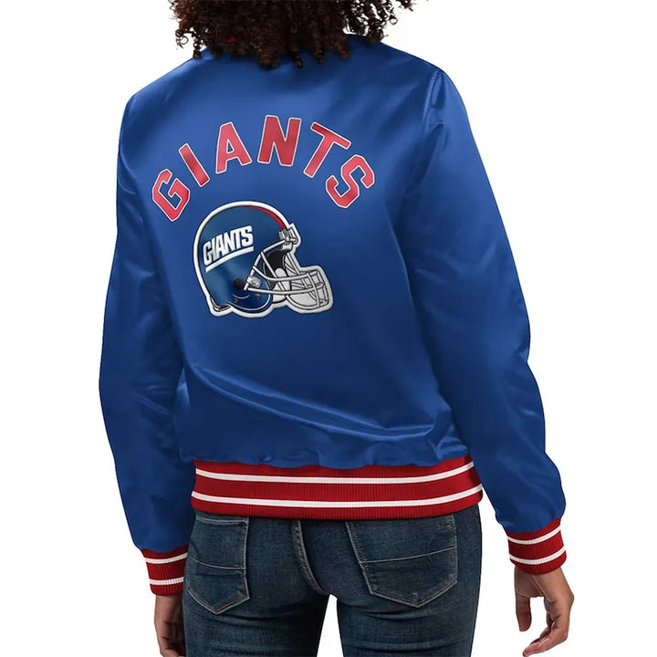 Blue jacket with 'Giants' logo on the back, worn by a person in USA