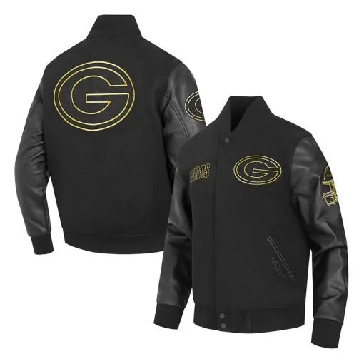 Green Bay Packers black varsity jacket with full zip front in USA