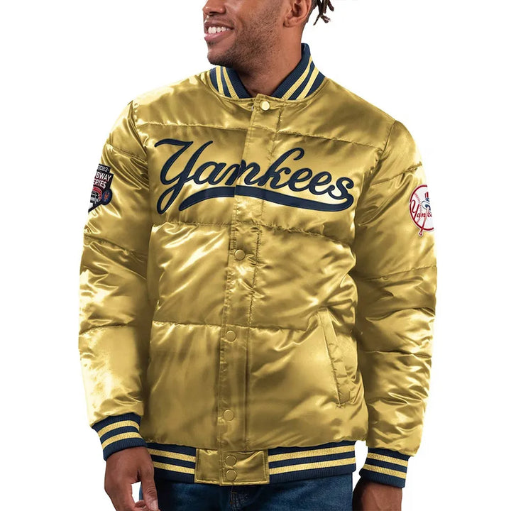 Silver puffer jacket with Yankees logo

