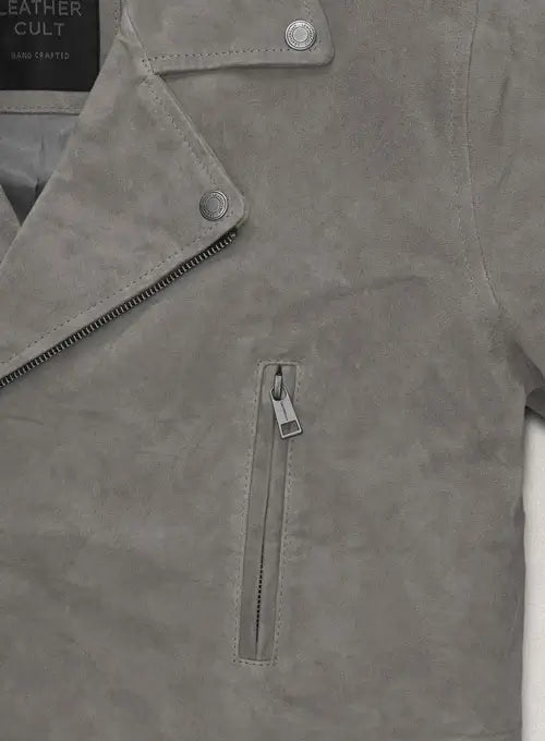 Gray Suede Leather Jacket with Collar Detail in United state market