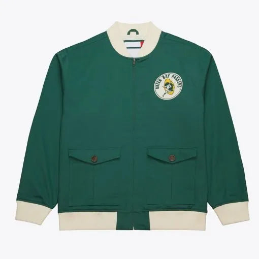 Green Bay Packers green cotton twill jacket front view in USA