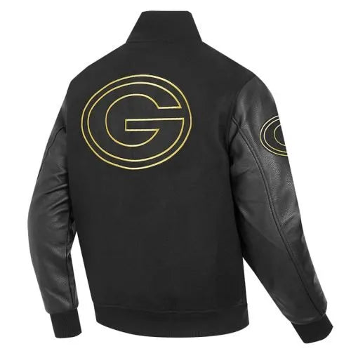 Front view of Packers full-zip black varsity jacket in United State Market