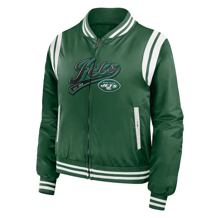 New York Jets green nylon bomber jacket front view

