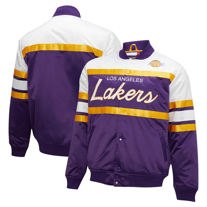 Hardwood Classics Script LA Lakers Satin Jacket Front & Back View