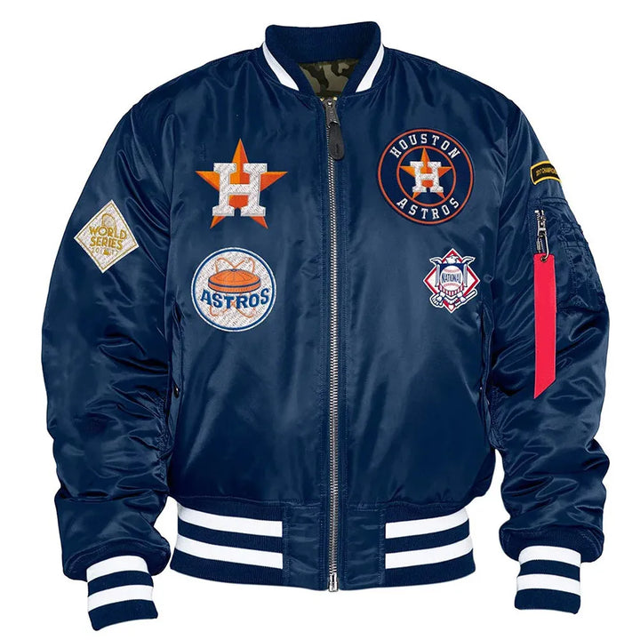 Navy blue jacket with Houston Astros logos and patches on a white background