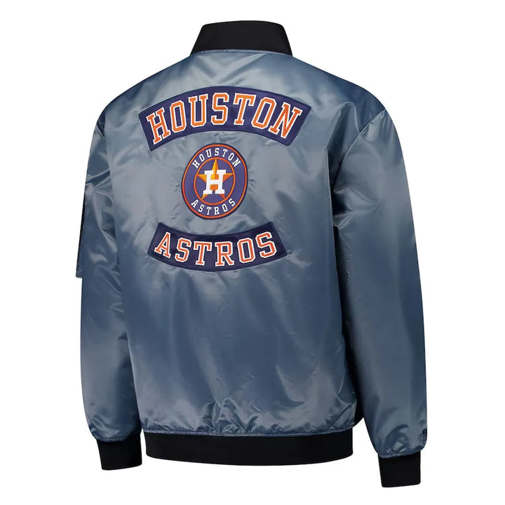 Gray Houston Astros jacket with team logo on a white background