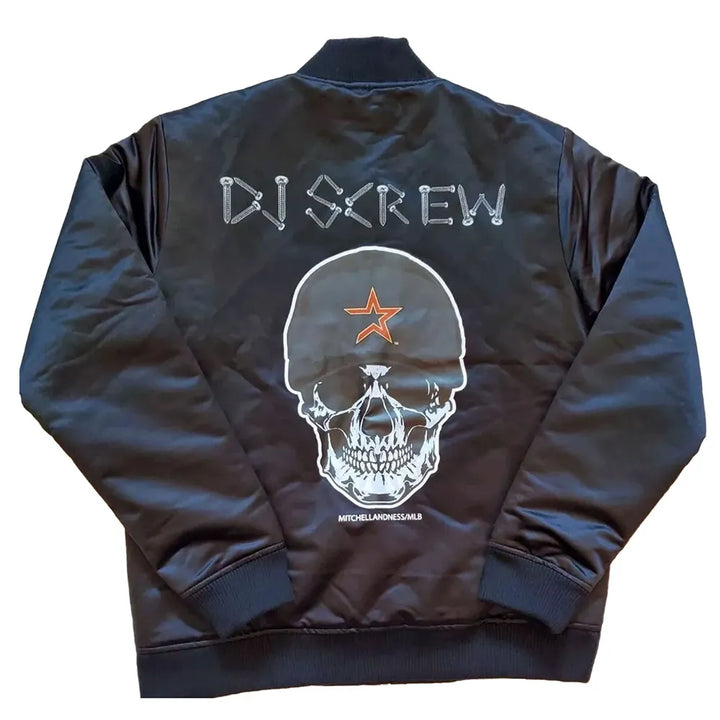 Black jacket with skull design and 'DJ Screw' text on a white background
