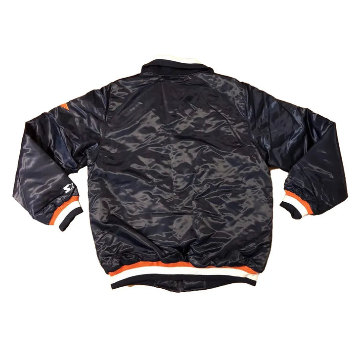 Black camouflage jacket with orange accents on a white background