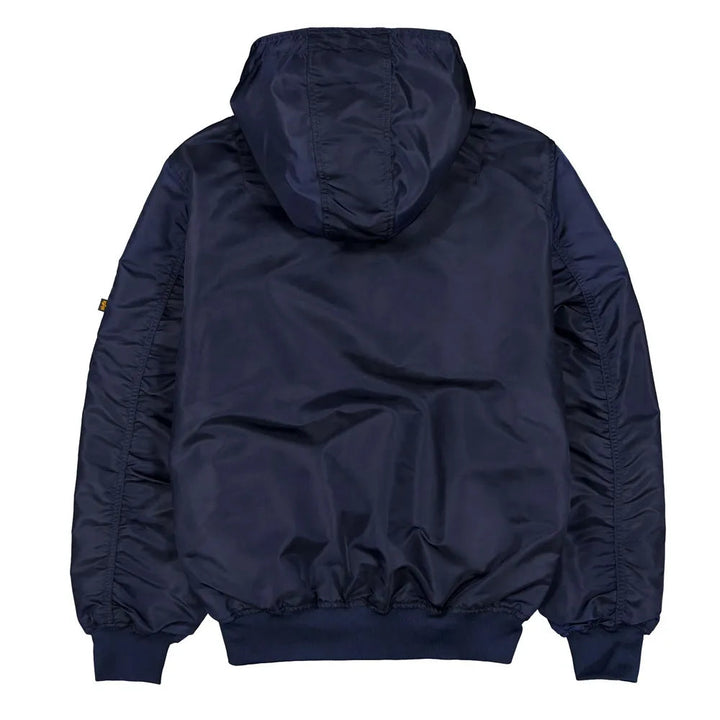 Navy blue jacket with hood on a white background