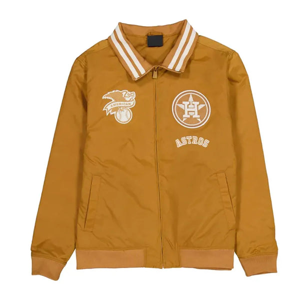 Yellow jacket with sports team logos on a white background in USA