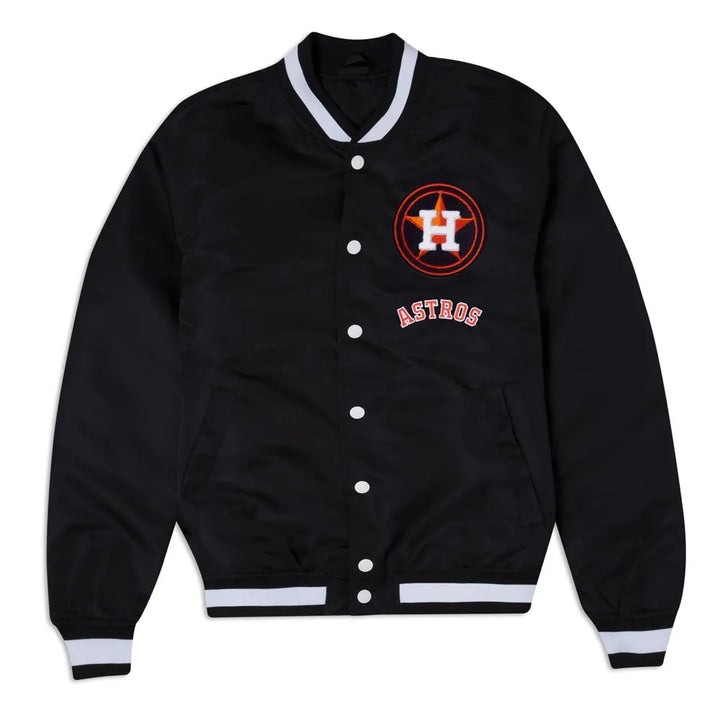Black varsity jacket with Houston Astros logo on a white background