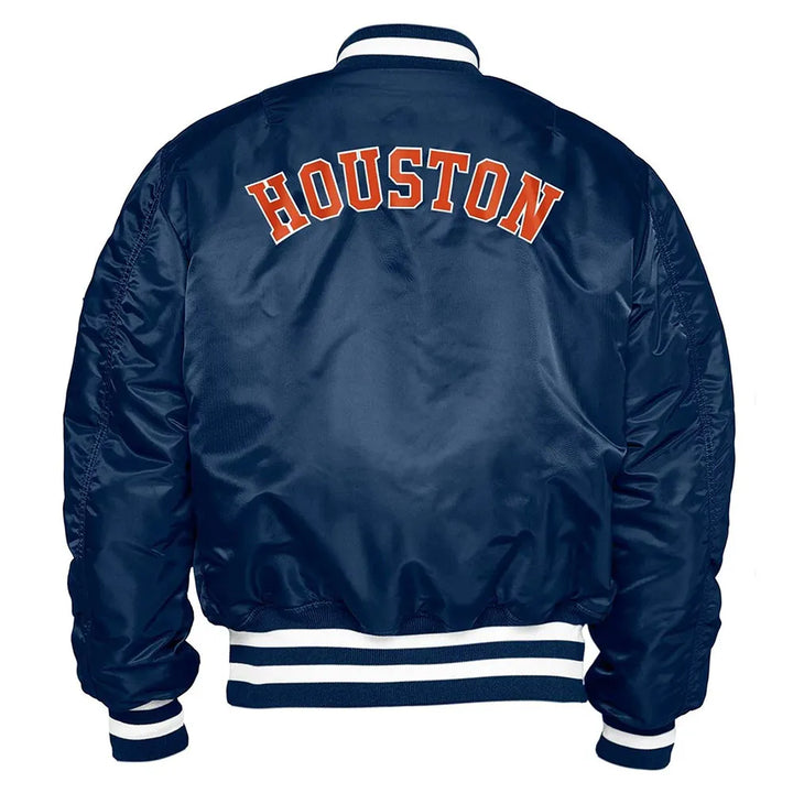 Navy blue jacket with 'HOUSTON' text on the back, displayed against a white background.