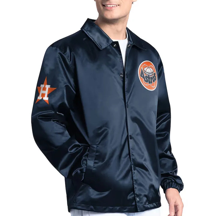 Navy jacket with sports team logos on a white background in USA