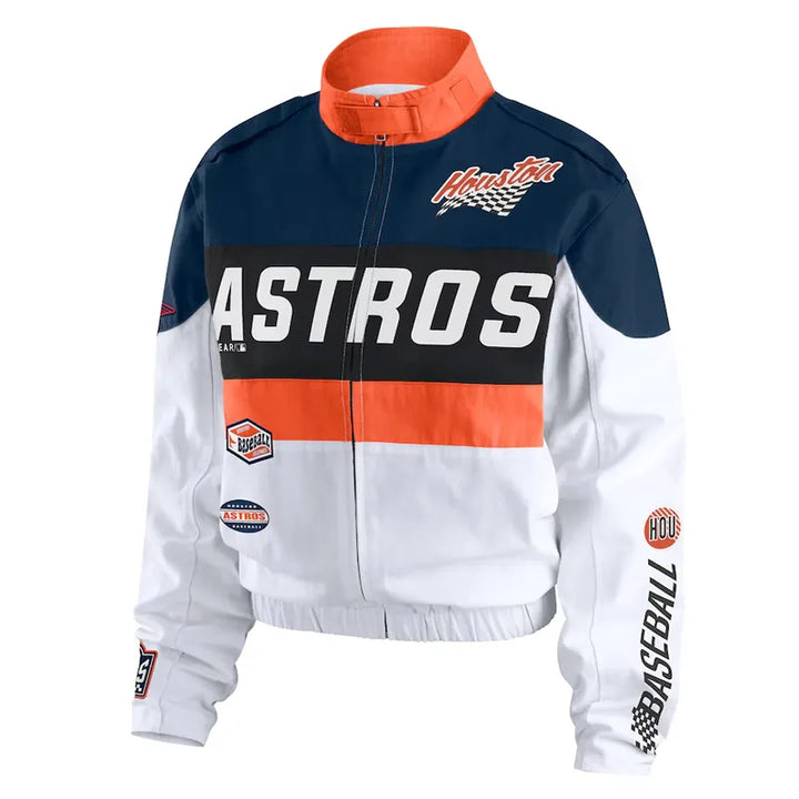 Baseball jacket with Houston Astros branding on a white background in USA