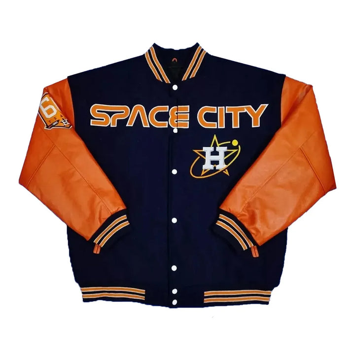 Navy and orange jacket with 'Space City' text and logo on a white background