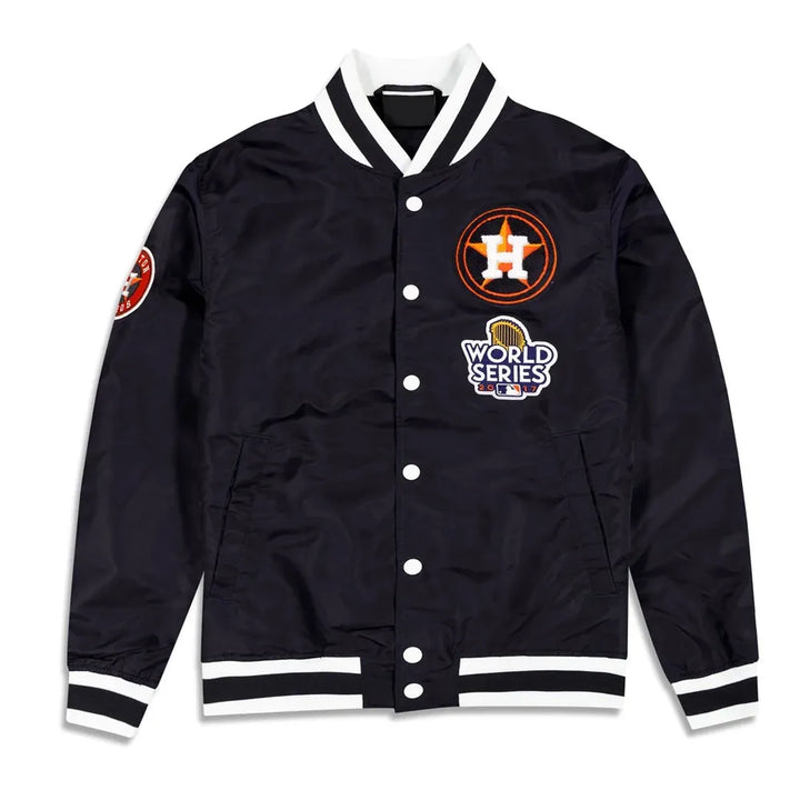 Black varsity jacket with sports team logos on a white background
