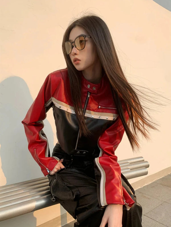 Multi Color Biker Style Crop Real Leather Jacket Women