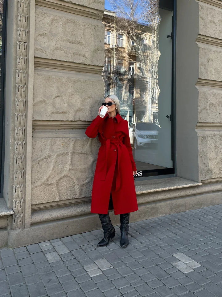 Stylish red wool trench coat with belted waist in American style