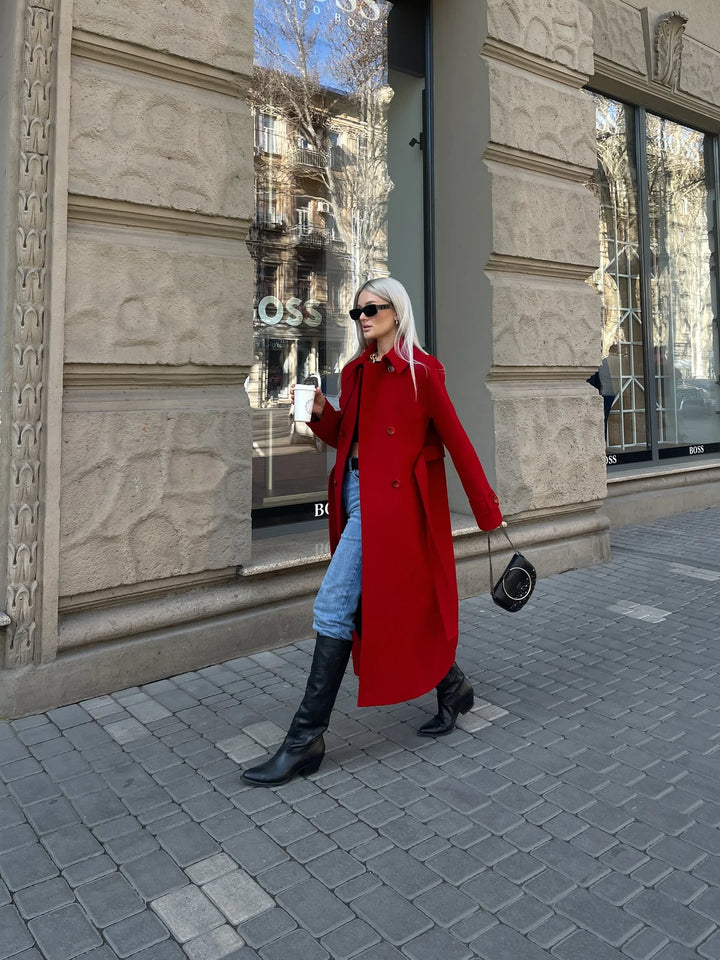 Long red trench coat made from premium wool in United state market